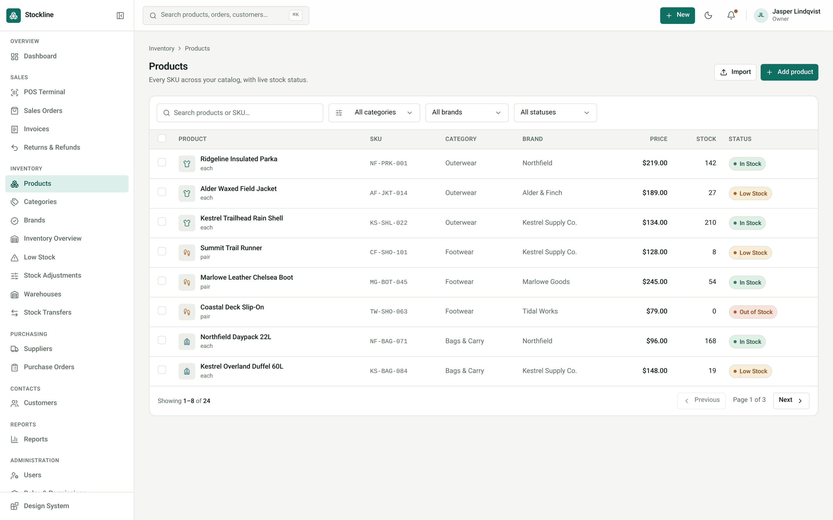Stockline products list with stock status